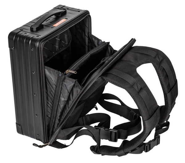 Aluminum Backpack Black showing straps and is open