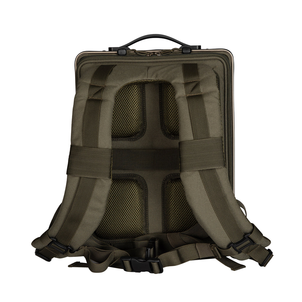 Bronze backpack with adjustable straps and over the handle strap for easy maneuverability 