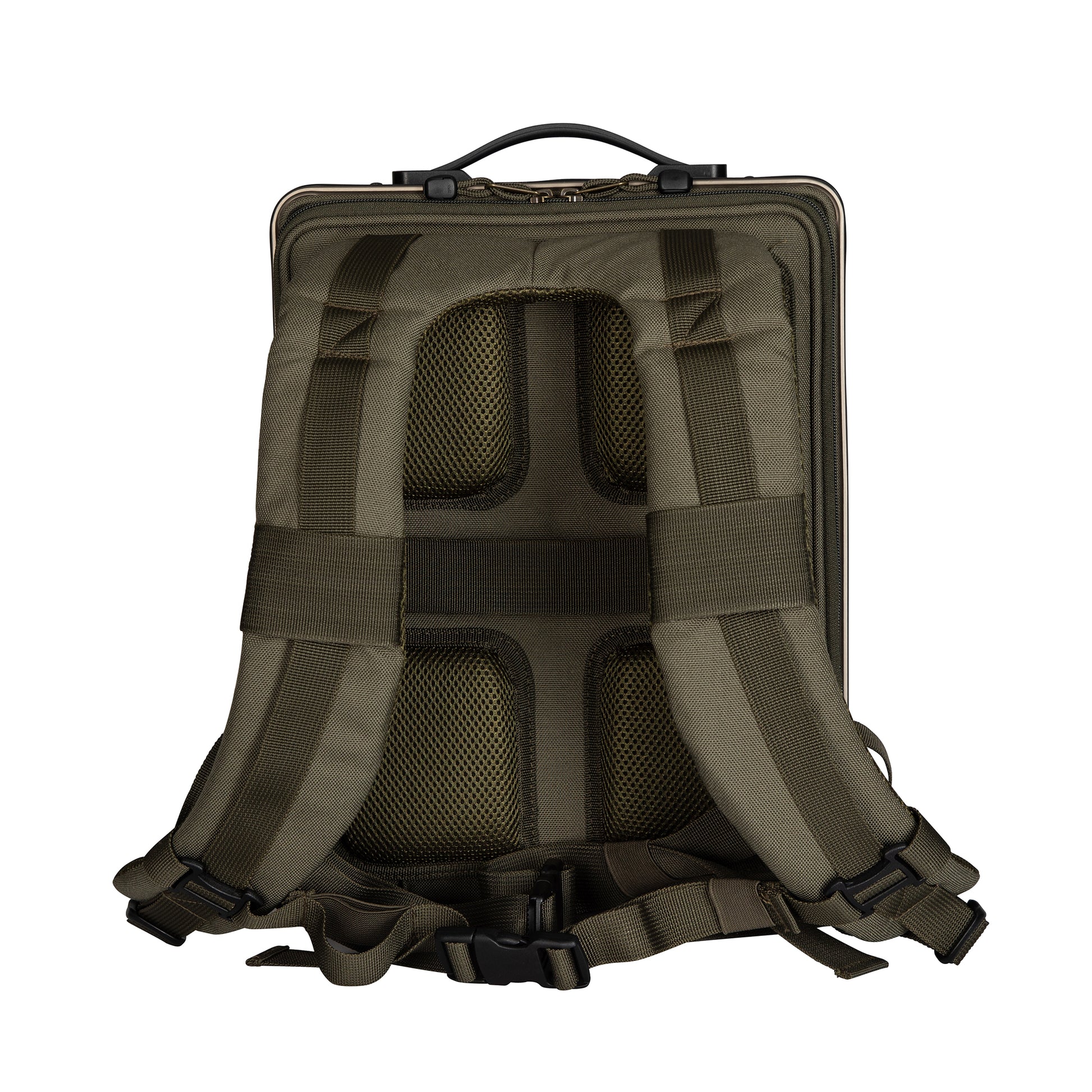 Bronze backpack with adjustable straps and over the handle strap for easy maneuverability 