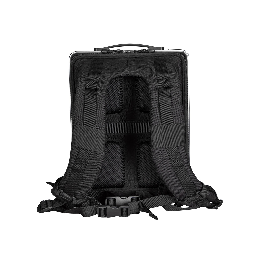 Silver backpack with adjustable straps and over the handle strap for easy maneuverability 