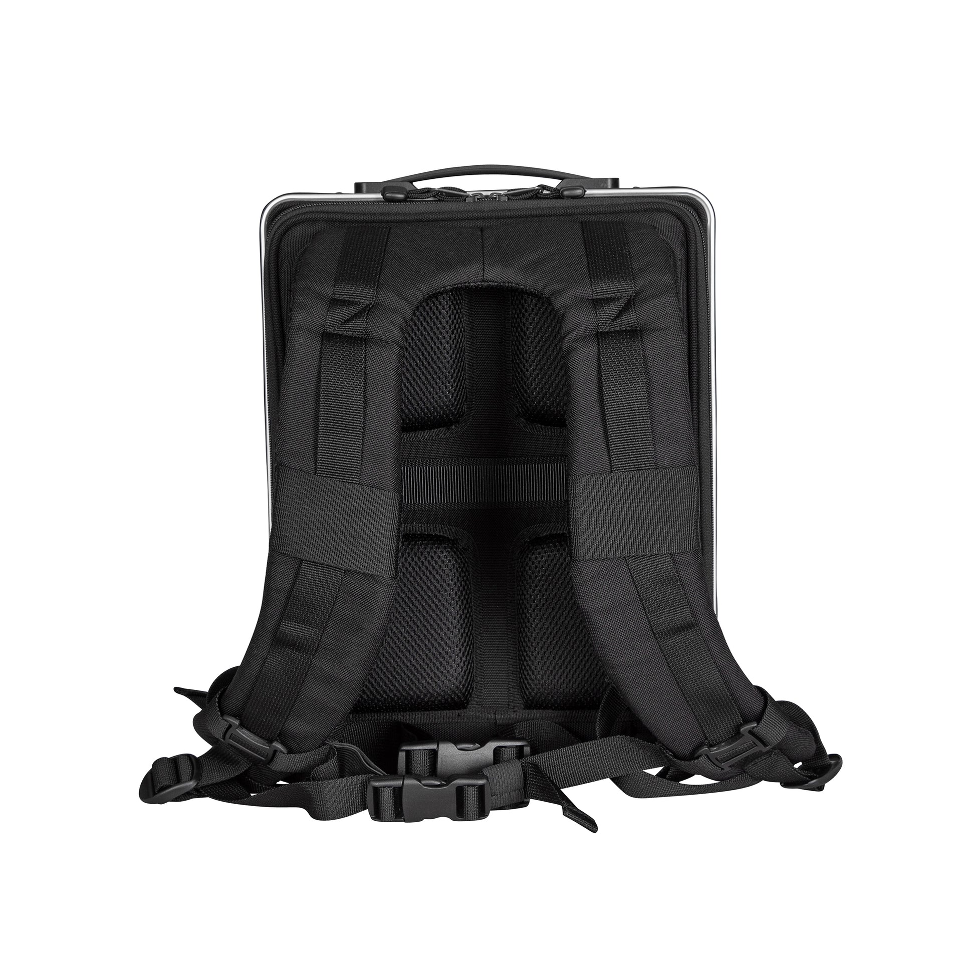 Silver backpack with adjustable straps and over the handle strap for easy maneuverability 