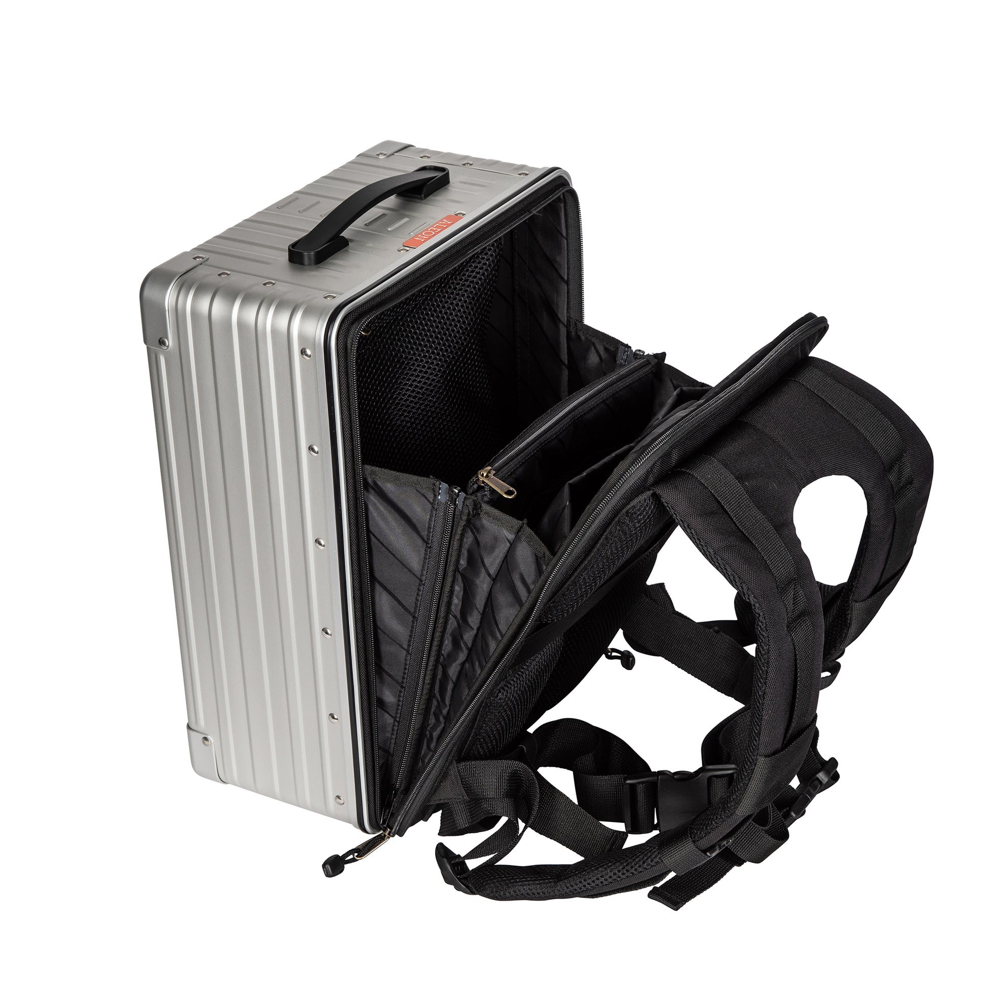 Aleon Platinum backpack open to show organized compartments for tech, gear, and accessories