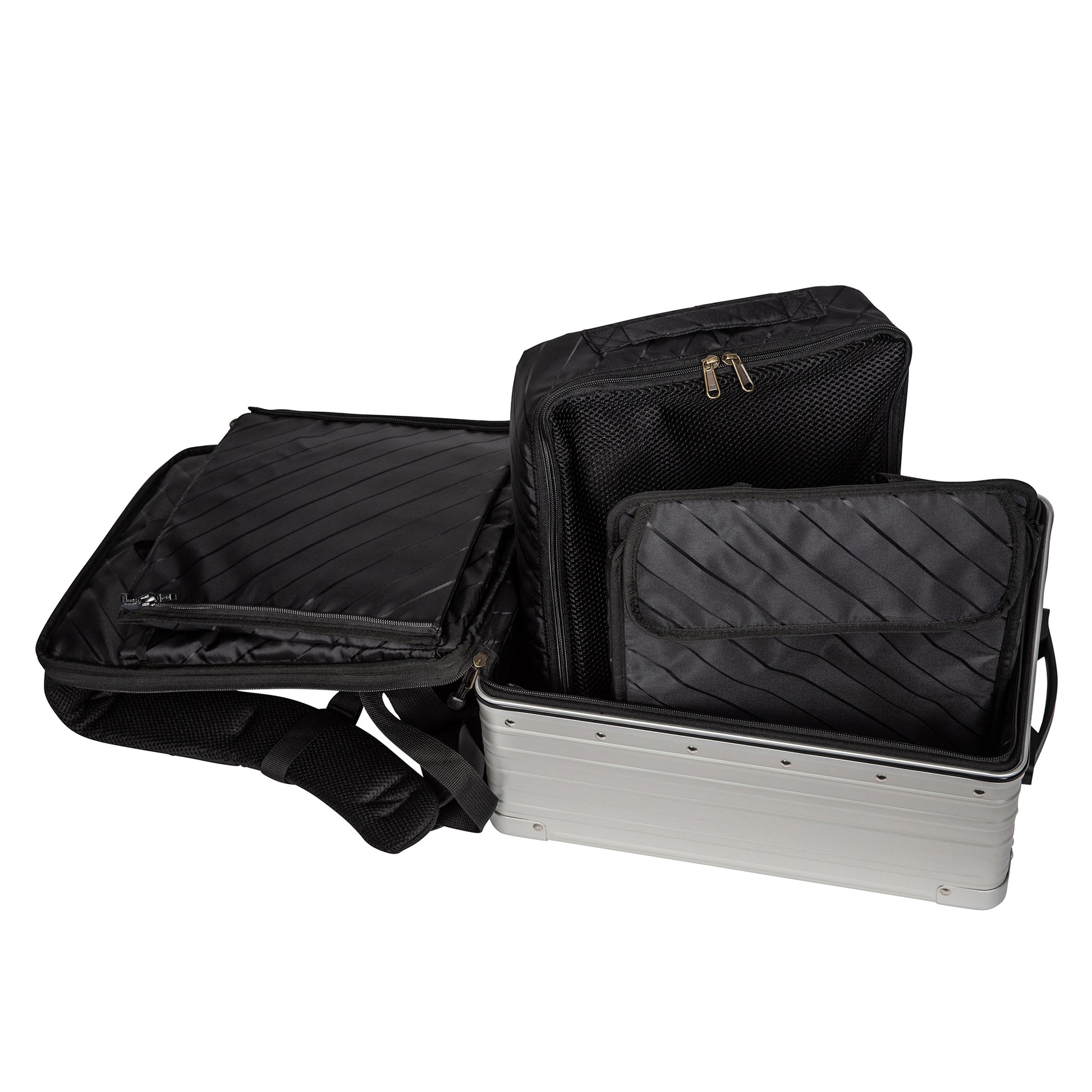 Open Aleon platinum backpack with packing cube and laptop compartment for organization 