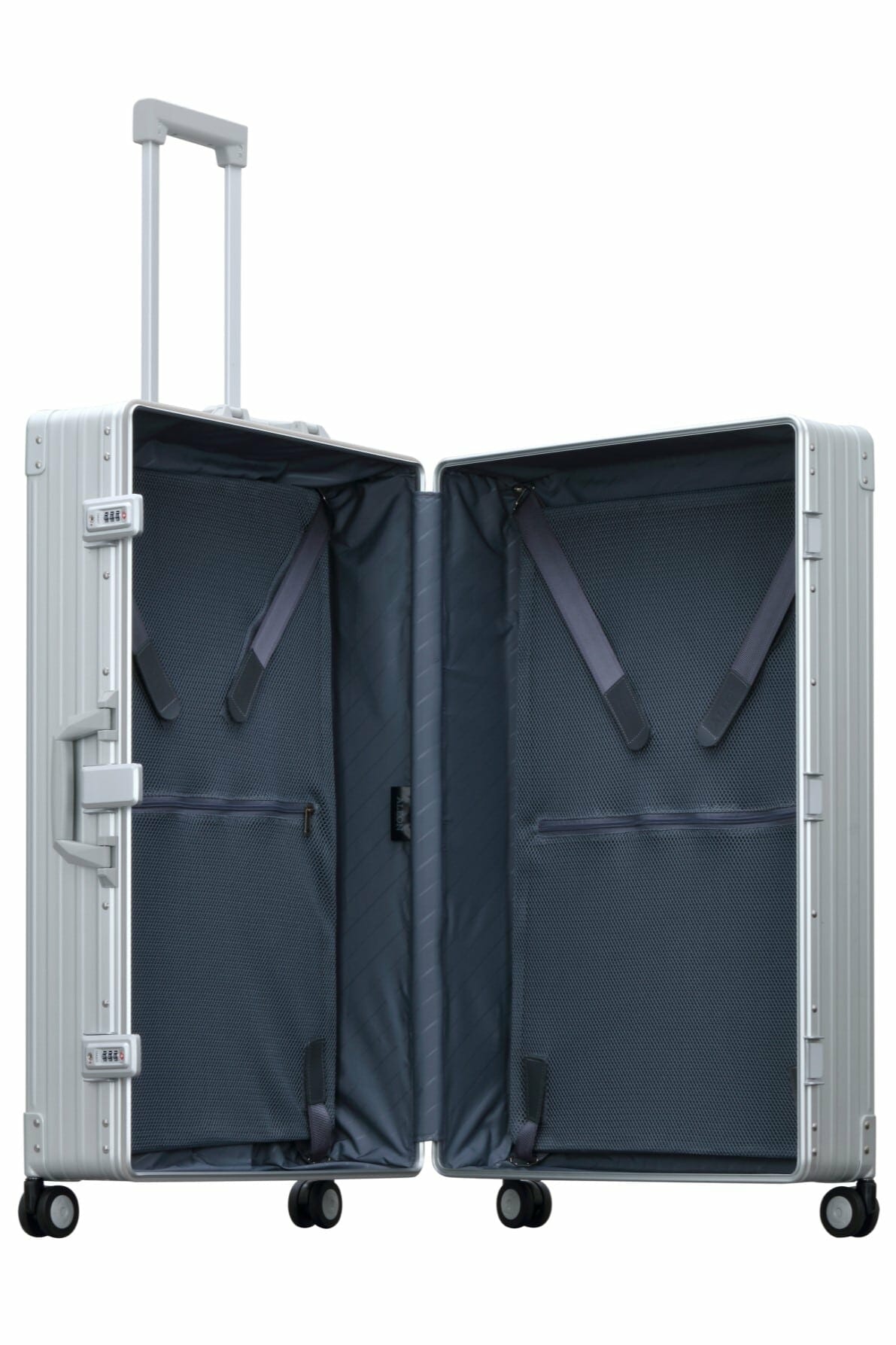 checked luggage for suits|checked luggage for suits|checked luggage for suits opened|30 inch trunk suitcase with wheels and a garment bag for suits and dresses made in aluminum|30 inch video over view|aluminum large trunk case open|aluminum luggage opened