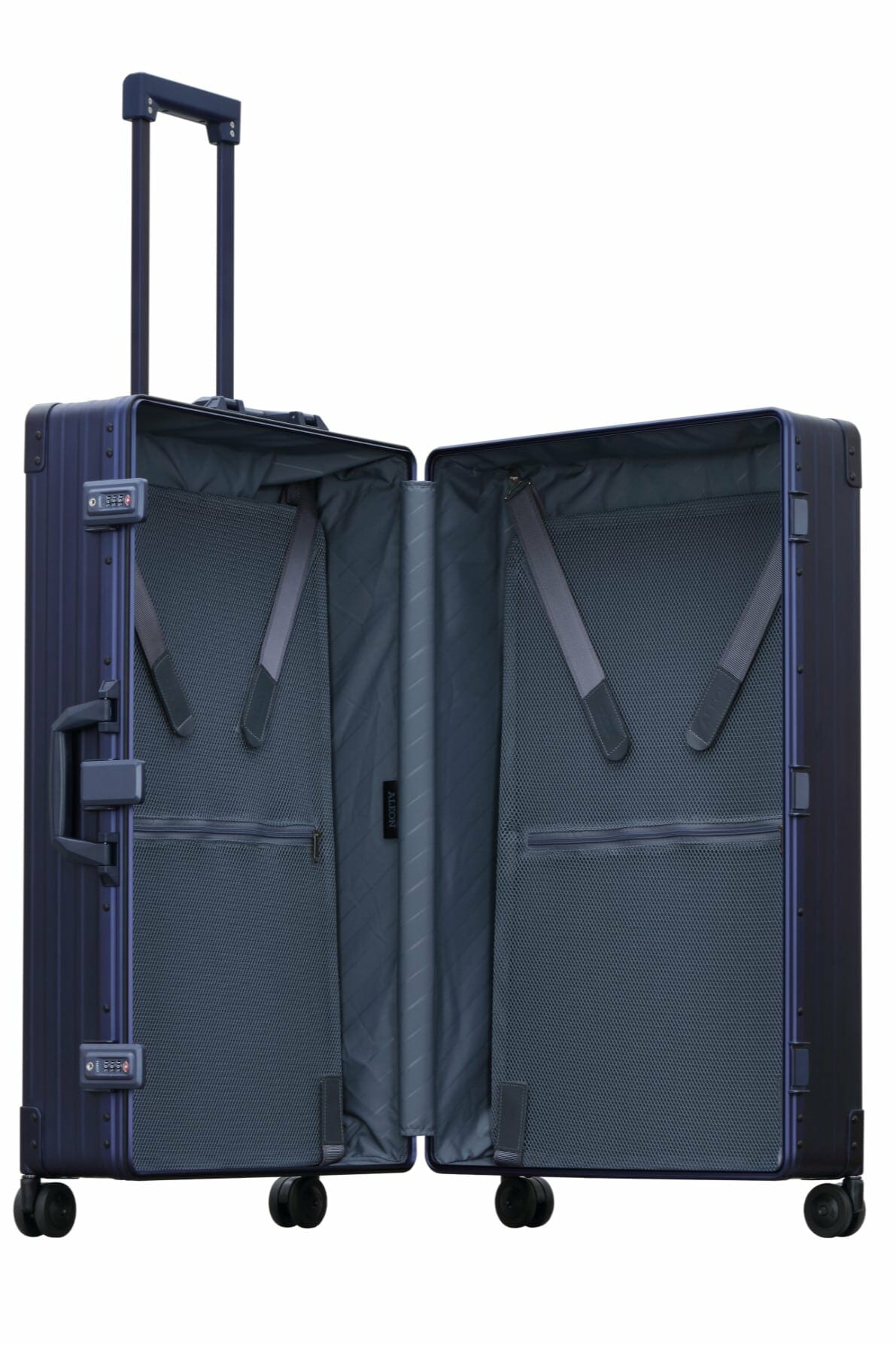 30″-Macro-Traveler-silver-aluminum-wheeled-luggage|ALEON silver Macro Traveler Checked Case in brushed aluminum finish, standing upright with reinforced corners and dual lock latches, showcasing its sleek and durable design.|ALEON silver platinum Macro Traveler Checked Case open to reveal organized interior with compression straps and a zippered divider, ensuring secure storage for travel essentia