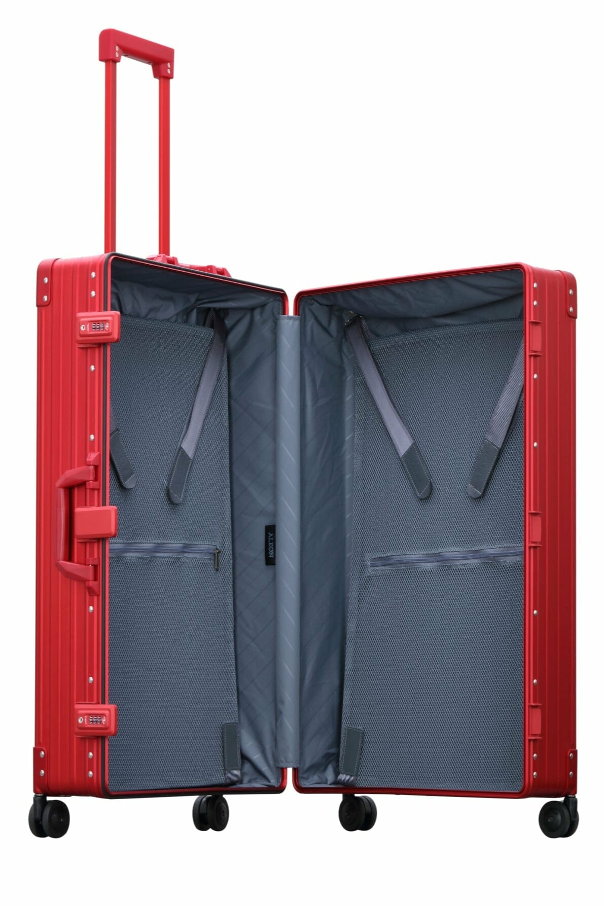 30″-Macro-Traveler-silver-aluminum-wheeled-luggage|ALEON silver Macro Traveler Checked Case in brushed aluminum finish, standing upright with reinforced corners and dual lock latches, showcasing its sleek and durable design.|ALEON silver platinum Macro Traveler Checked Case open to reveal organized interior with compression straps and a zippered divider, ensuring secure storage for travel essentia
