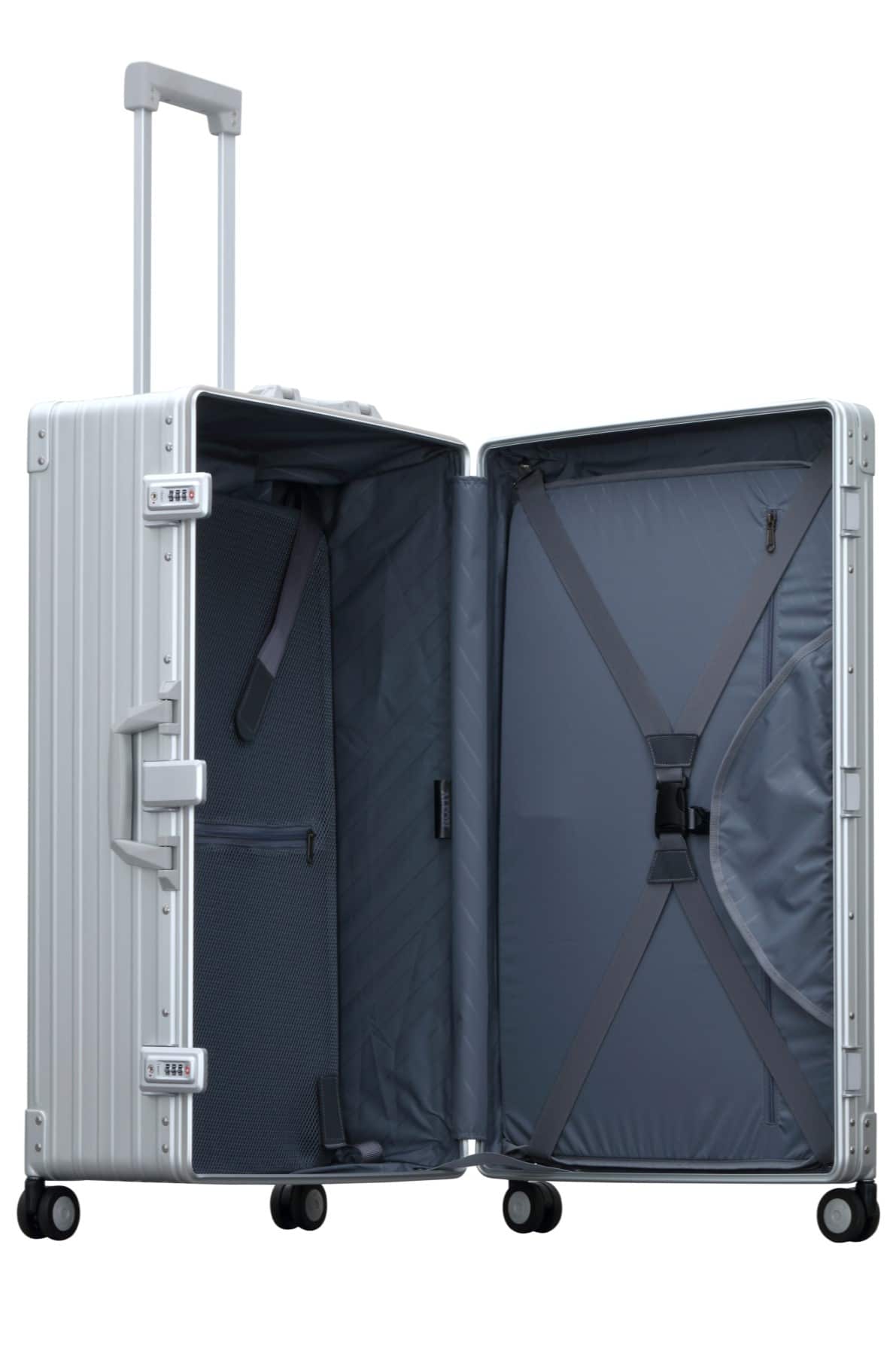 checked luggage for suits|checked luggage for suits|checked luggage for suits opened|30 inch trunk suitcase with wheels and a garment bag for suits and dresses made in aluminum|30 inch video over view|aluminum large trunk case open|aluminum luggage opened