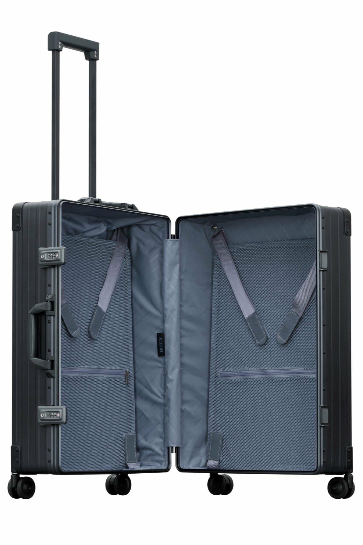 26 inch aluminum checked suitcase with wheels|Side profile view of Aleon case with Tsa approved wheels and telescoping handle|Front view of Aleon silver checked case with spinner wheels|Open view of Aleon platinum silver case with compression boards|26 inch check aluminum luggage video|26 inch aluminum checked suitcase with wheels in sliver|Black checked on suit case with 2 dividers|26 inch alumin