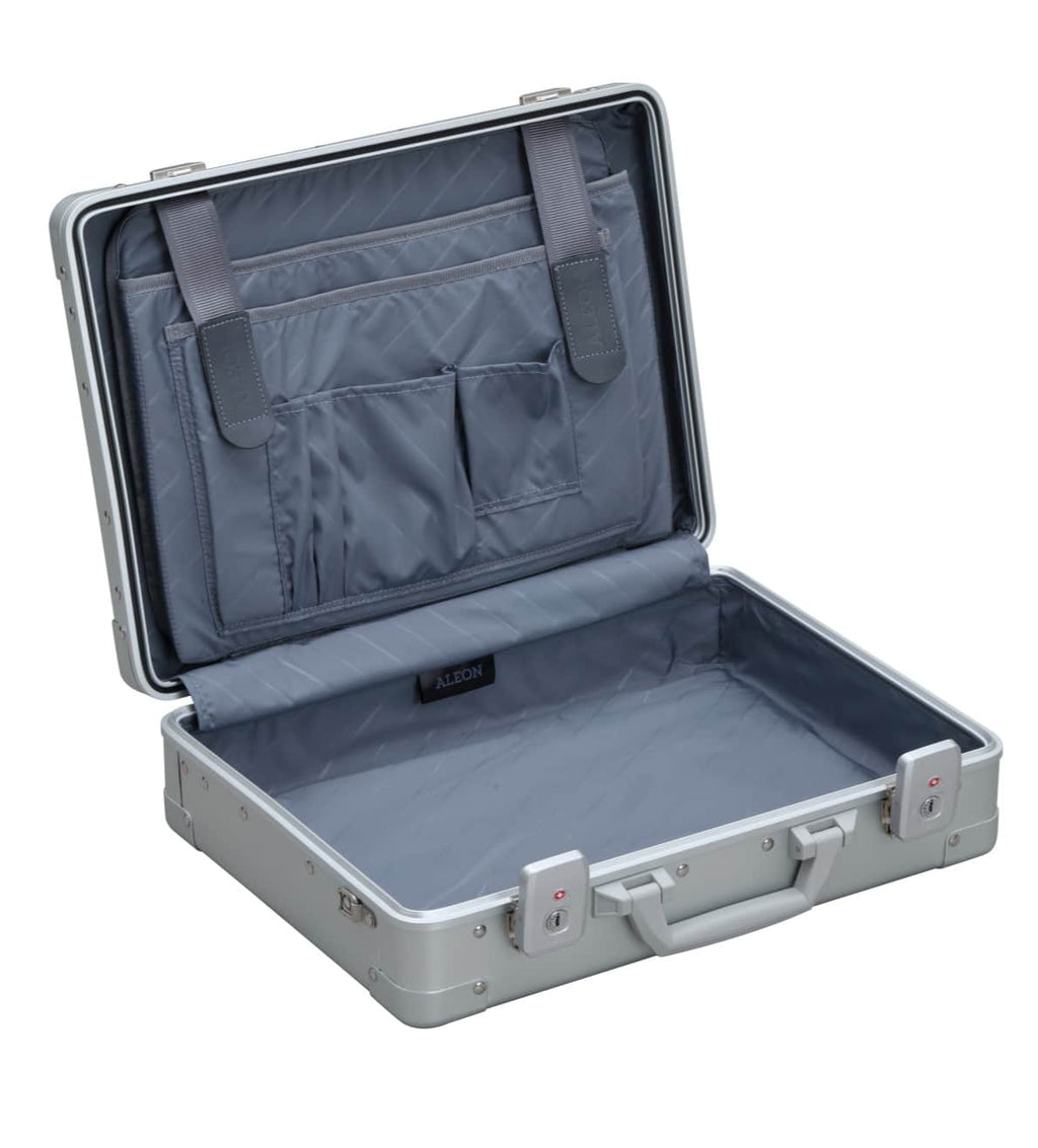 Sliver aluminum briefcase |Front view of ALEON business 17in attache case crafted from air craft grade aluminum that ensures durability|Open view of the 17in attache in silver with business organizer|17 inch laptop briefcase made with aluminum video silver|17 inch briefcase to hold a laptop video overview|17 inch aluminum briefcase attche sliver|aluminum briefcase attche Blue|aluminum briefcase at