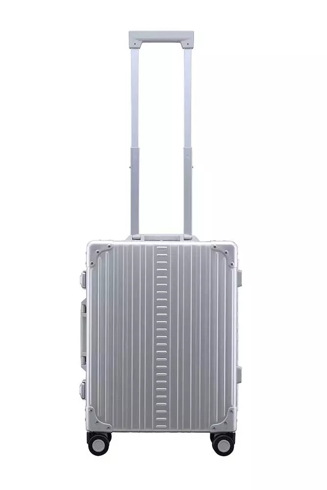 Side profile view of ALEON international carry on in platinum|Front view of ALEON international carry on crafted from aluminum||||International-carry-on-21-inches-in-silver-made-with-aluminum|international-carry-on-luggage made with aluminum overview video|21-Aluminum-International-Carry-On-Silver (1)|21-Aluminum-International-Carry-On--opened-with-2-conpression-boards-silver|21-Aluminum-Internati