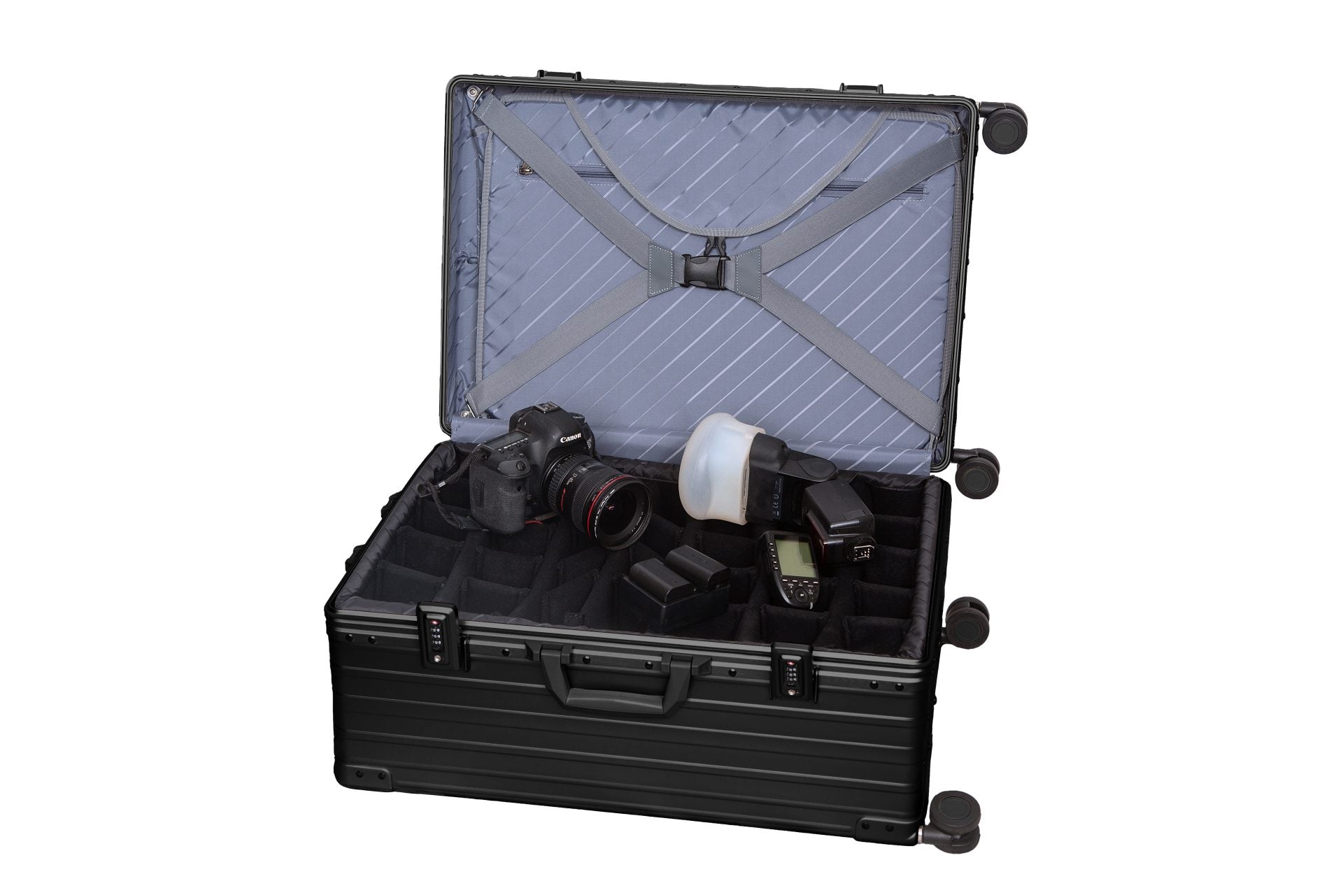 Black-26-inch-luggage-hardside-with-garment-bag-inside-with-sippner-wheels-and-trunk-styled|||26-inch-hard-case-luggage-with-grament-bag-and-spinner-wheels-trunk-style-in-black|26-inch-hard-side-suitcase-in-black-with-garment-bag-inside-case-open-to-show-gramnet-bag-trunk-style|26-inch-suitcase-with-grament-bag-inside-in-black-full-lenght-piano-hinges|the suiter luggage opened showing garment bag