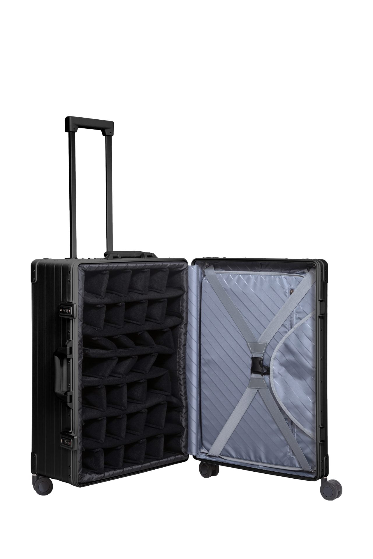 Black-26-inch-luggage-hardside-with-garment-bag-inside-with-sippner-wheels-and-trunk-styled|||26-inch-hard-case-luggage-with-grament-bag-and-spinner-wheels-trunk-style-in-black|26-inch-hard-side-suitcase-in-black-with-garment-bag-inside-case-open-to-show-gramnet-bag-trunk-style|26-inch-suitcase-with-grament-bag-inside-in-black-full-lenght-piano-hinges|the suiter luggage opened showing garment bag