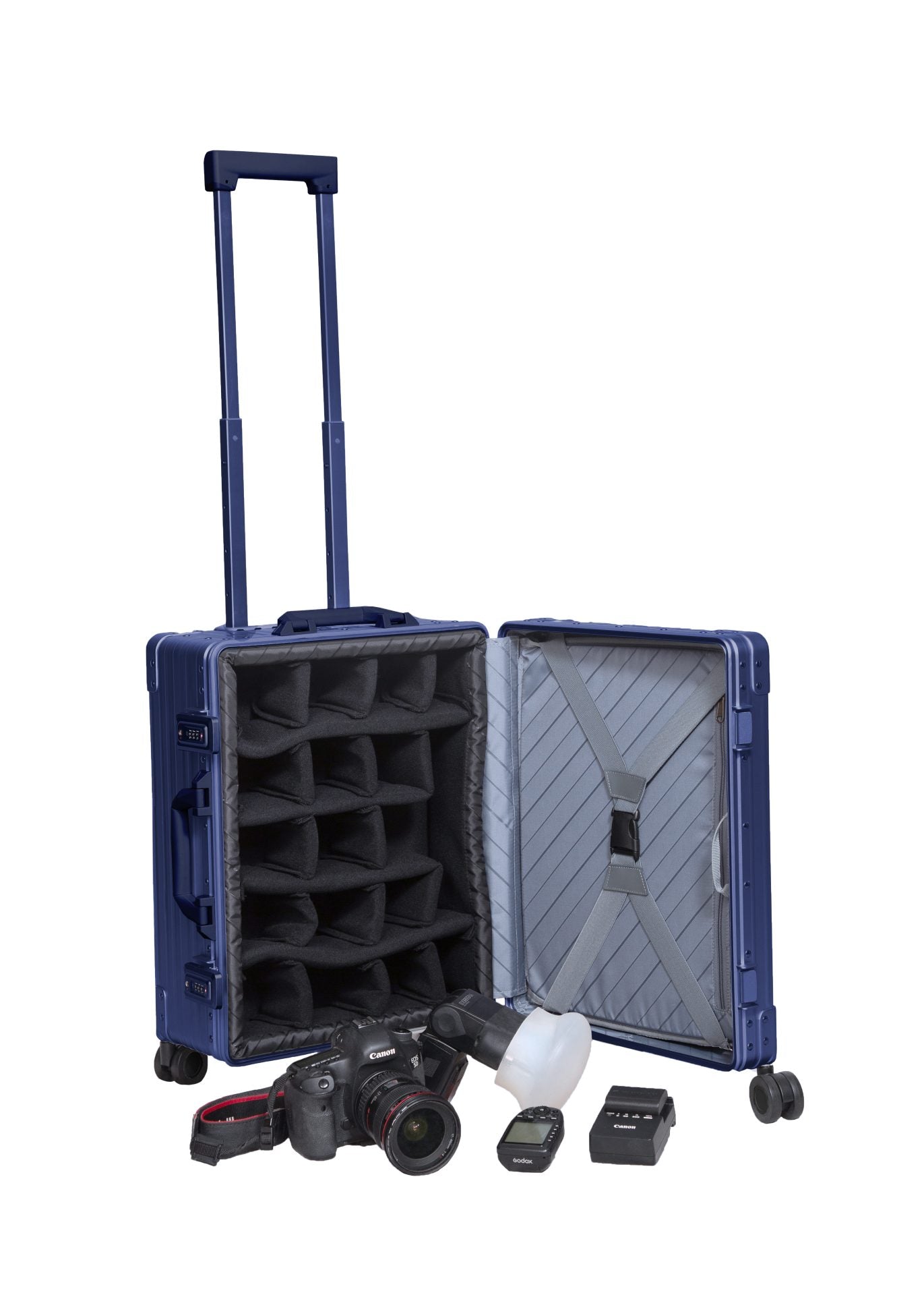 2128-blue-luggage-in-21-inches-front-and-side-view|||Detailed view of the ALEON sapphire blue Carry-On with Suiter’s TSA-approved locks, emphasizing its secure aluminum construction and travel-ready protection|ALEON blue Carry-On with Suiter open to reveal a thoughtfully designed interior, featuring compression straps, a zippered divider, and a fold-out suiter for wrinkle-free garment storage|ALEO