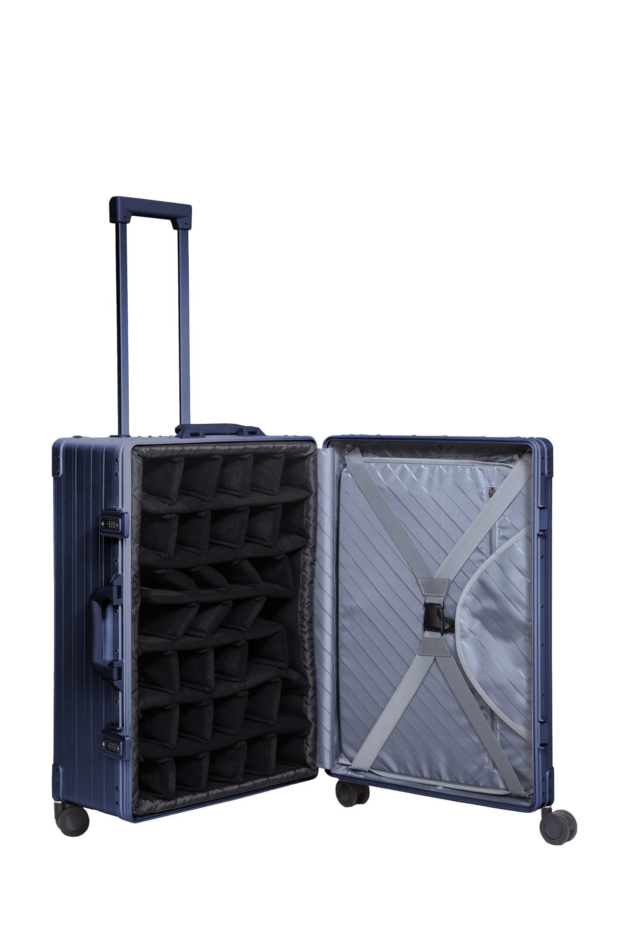 Blue-26-inch-luggage-hardside-with-garment-bag-inside-with-sippner-wheels-and-trunk-styled|||26-inch-hard-case-luggage-with-grament-bag-and-spinner-wheels-trunk-style-in-Blue|26-inch-hard-side-suitcase-in-Blue-with-garment-bag-inside-case-open-to-show-gramnet-bag-trunk-style|26-inch-suitcase-with-grament-bag-inside-in-Blue-full-lenght-piano-hinges|the suiter luggage opened showing garment bag