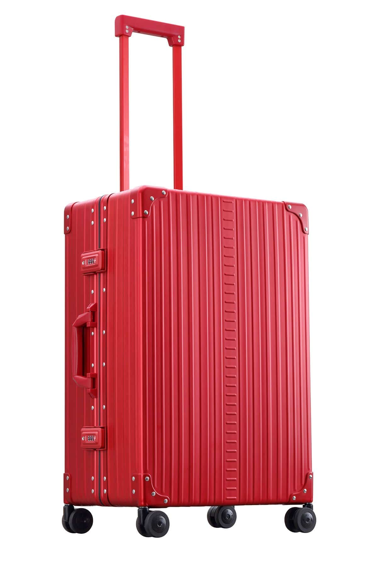 26 inch aluminum checked suitcase with wheels|Front profile view of red Aleon checked with TSA approved locks|Front view of Aleon red ruby checked case with spinner wheels|Open view of Aleon red ruby checked case with 50/50 opening style|26 inch check aluminum luggage video|26 inch aluminum checked suitcase with wheels in red
