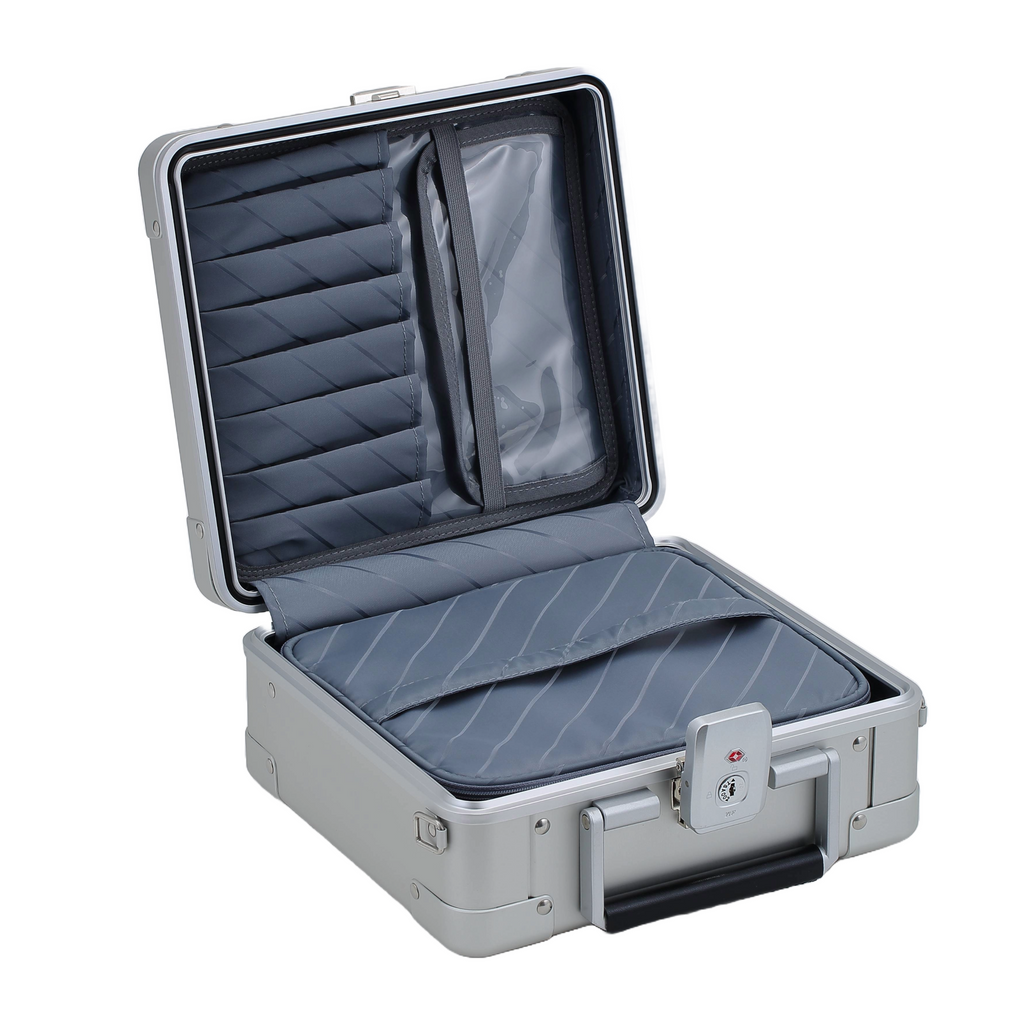 Aleon 10-inch messenger case open to show organized interior with packing cube for accessories.