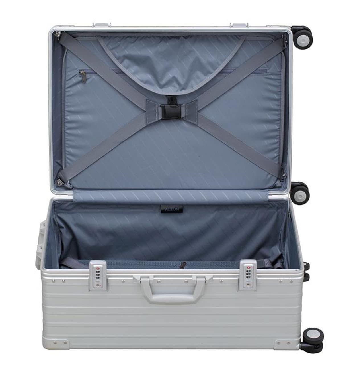 26 inch Aluminum suitcase with garment bag trunk style|Side profile view of platinum silver checked traveler case made from aluminum|Open view of Aleon checked case with Suiter|Lock view of Aleon checked case in silver platinum with spinner wheels|Hinge view of Aleon checked case with full length piano hinge for unbeatable durability|26 inch Aluminum suitcase with garment bag trunk style|the suite