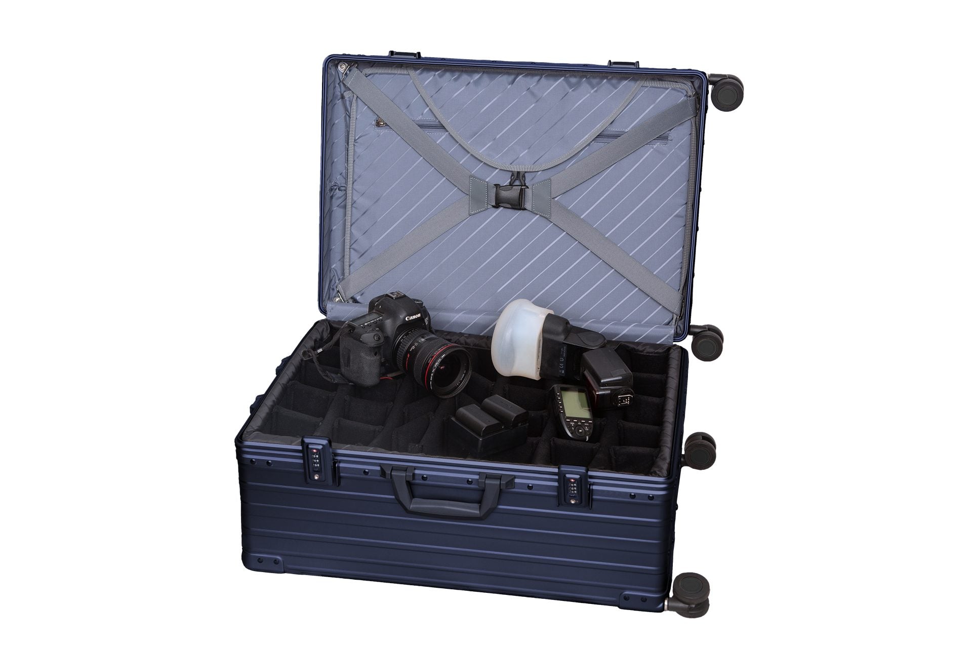 Blue-26-inch-luggage-hardside-with-garment-bag-inside-with-sippner-wheels-and-trunk-styled|||26-inch-hard-case-luggage-with-grament-bag-and-spinner-wheels-trunk-style-in-Blue|26-inch-hard-side-suitcase-in-Blue-with-garment-bag-inside-case-open-to-show-gramnet-bag-trunk-style|26-inch-suitcase-with-grament-bag-inside-in-Blue-full-lenght-piano-hinges|the suiter luggage opened showing garment bag