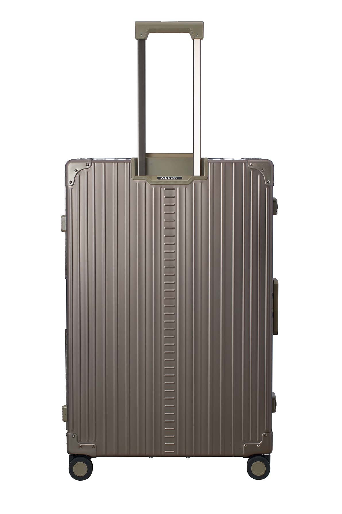 Bronze-32-inch-luggage|The ALEON 32″ bronze Macro Plus glides smoothly through an airport terminal, its high-performance wheels designed for quiet and stable movement. The ergonomic telescoping handle ensures comfortable handling, even in bustling travel environments.|An open ALEON 32″ Macro Plus reveals its meticulously organized interior, featuring compression panels and deep compartments that o