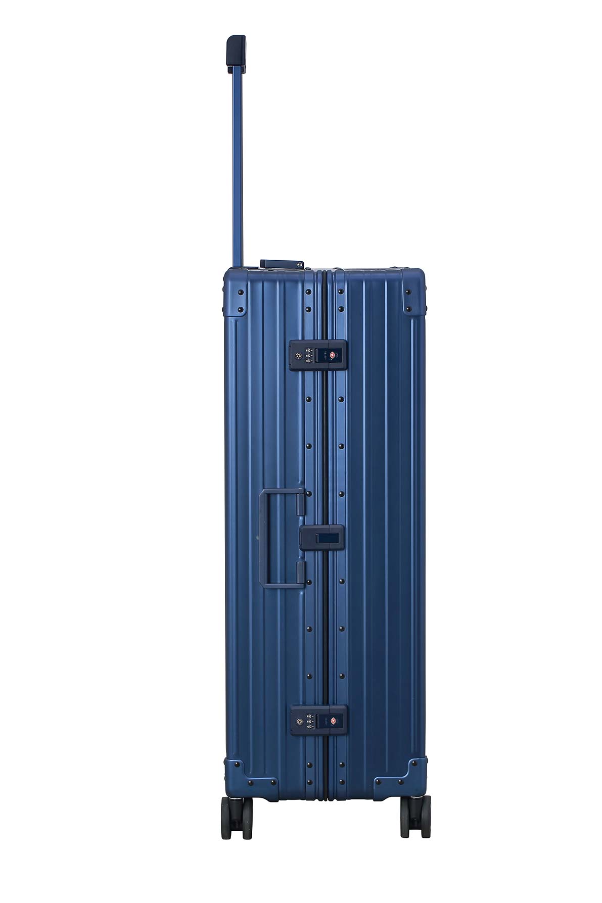Blue-32-inch-aluminum-luggage|The ALEON 32″ Macro Plus Traveler Large Check-In, crafted from aircraft-grade aluminum, stands upright on a pristine hotel lobby floor. Its hard-shell design, reinforced corners, and TSA-approved locks emphasize security and durability for long-haul journeys.|An open sapphire blue ALEON 32″ Macro Plus reveals its meticulously organized interior, featuring compression 