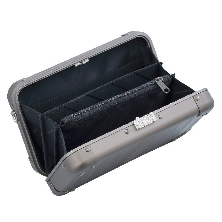 Aluminnum-Hand-Bag-opened-1905-BR|Aleon small bronze crossbody bag featuring interior RFID-blocking pockets for secure storage. The bag is open, showcasing multiple organized compartments designed to protect personal items such as cards and passports. Aleon logo and tagline 'Timeless by design. Built to last.' are displayed in the top right corner.|Aleon bronze crossbody bag designed with aircraft