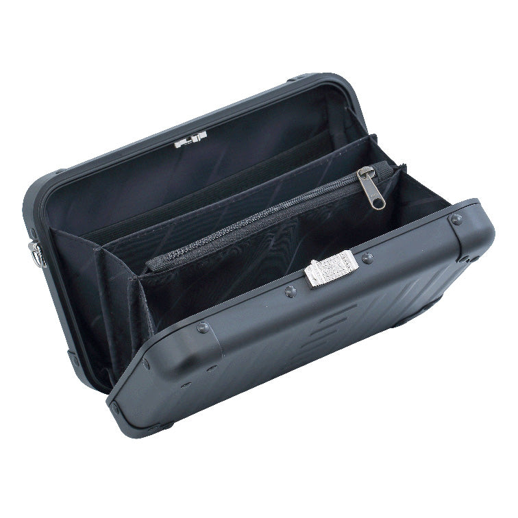 Aluminnum-Hand-Bag-opened-1905-Black|Aleon onyx black crossbody bag featuring interior RFID-blocking pockets for secure storage. The bag is open, showcasing multiple organized compartments designed to protect personal items such as cards and passports. Aleon logo and tagline 'Timeless by design. Built to last.' are displayed in the top right corner.|ALEON black crossbody case displayed with highli