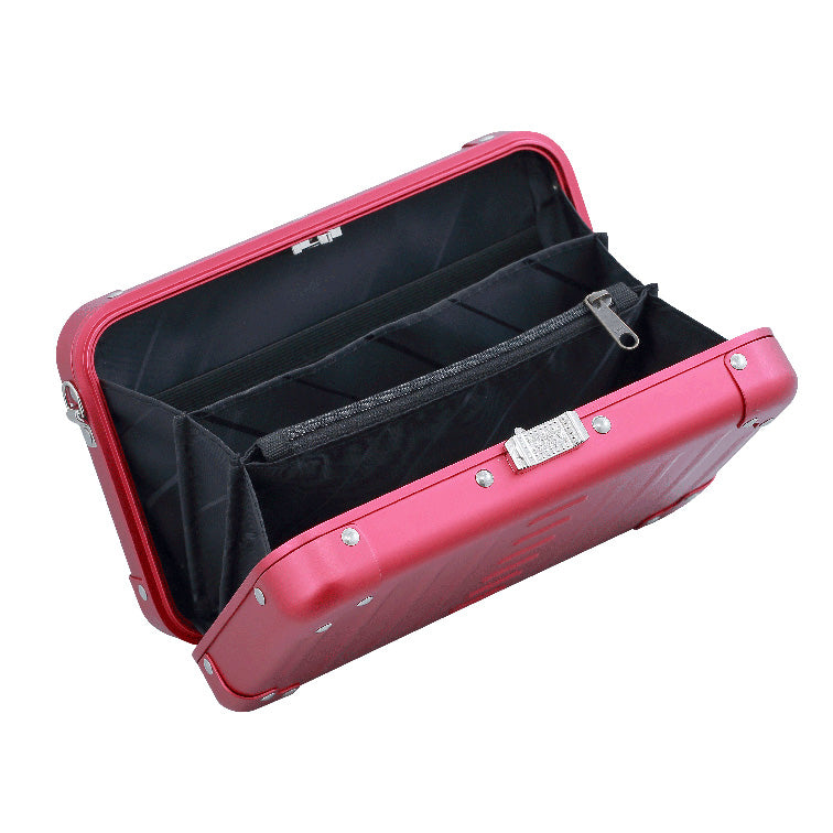 Aluminnum-Hand-Bag-opened-1905-REd-tag|Aleon red ruby crossbody bag featuring interior RFID-blocking pockets for secure storage. The bag is open, showcasing multiple organized compartments designed to protect personal items such as cards and passports. Aleon logo and tagline 'Timeless by design. Built to last.' are displayed in the top right corner.|ALEON red ruby crossbody case displayed with hig