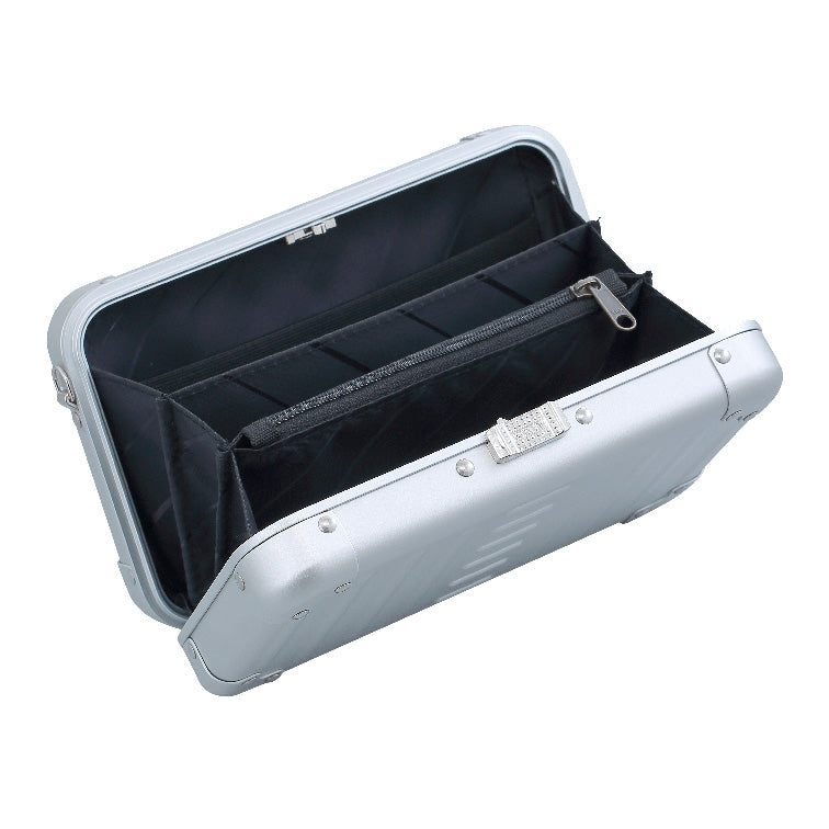 Aluminnum-Hand-Bag-opened-1905-silver|Aleon silver crossbody bag featuring interior RFID-blocking pockets for secure storage. The bag is open, showcasing multiple organized compartments designed to protect personal items such as cards and passports. Aleon logo and tagline 'Timeless by design. Built to last.' are displayed in the top right corner.|Aleon silver crossbody bag designed with aircraft-g