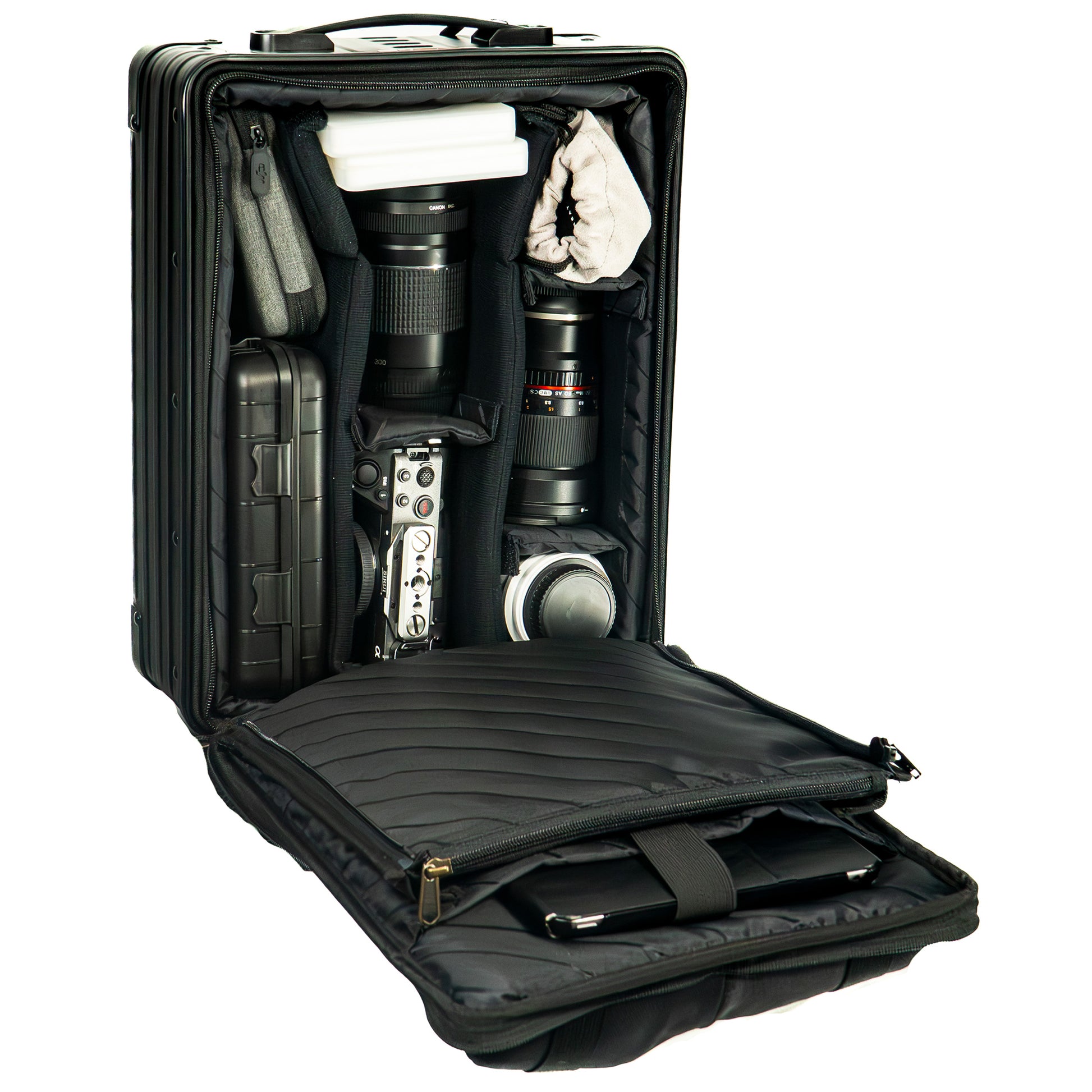 Black Aleon photography backpack open to show organized camera gear, lenses, and accessories in padded compartments.