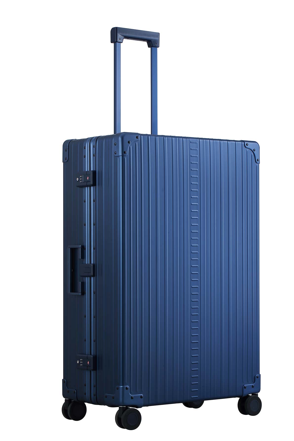 Blue-32-inch-aluminum-luggage|The ALEON 32″ Macro Plus Traveler Large Check-In, crafted from aircraft-grade aluminum, stands upright on a pristine hotel lobby floor. Its hard-shell design, reinforced corners, and TSA-approved locks emphasize security and durability for long-haul journeys.|An open sapphire blue ALEON 32″ Macro Plus reveals its meticulously organized interior, featuring compression 