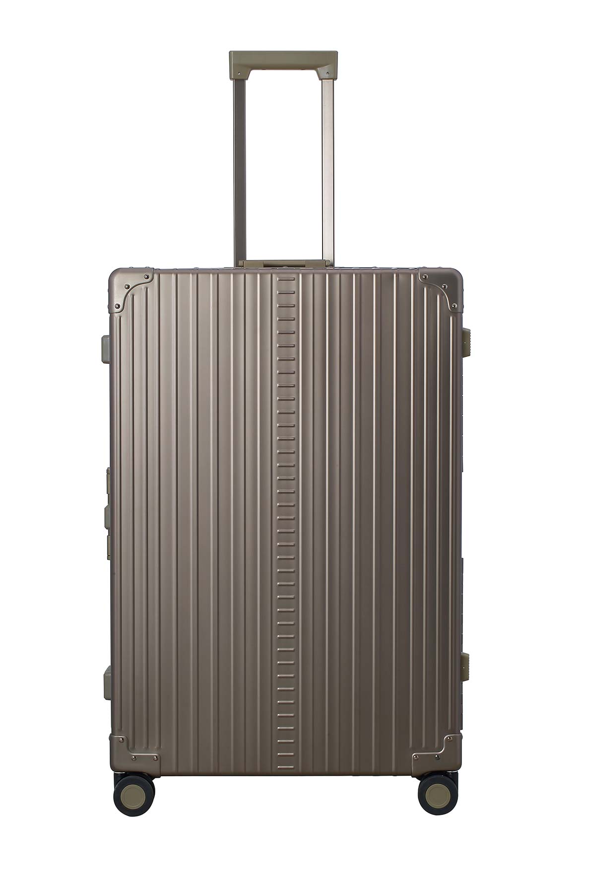 Bronze-32-inch-luggage|The ALEON 32″ bronze Macro Plus glides smoothly through an airport terminal, its high-performance wheels designed for quiet and stable movement. The ergonomic telescoping handle ensures comfortable handling, even in bustling travel environments.|An open ALEON 32″ Macro Plus reveals its meticulously organized interior, featuring compression panels and deep compartments that o