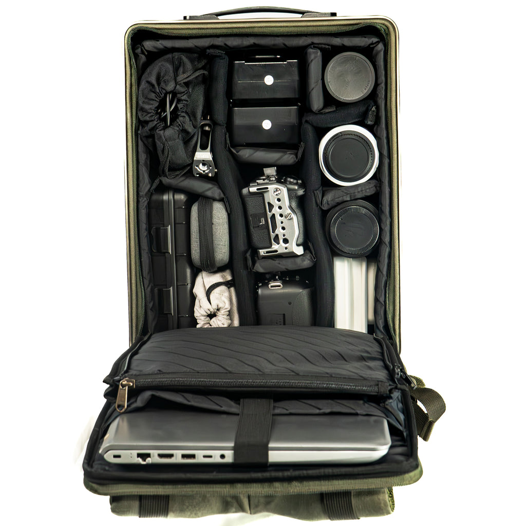 Aleon bronze travel backpack with structured design and secure customizable storage for tech and accessories. 