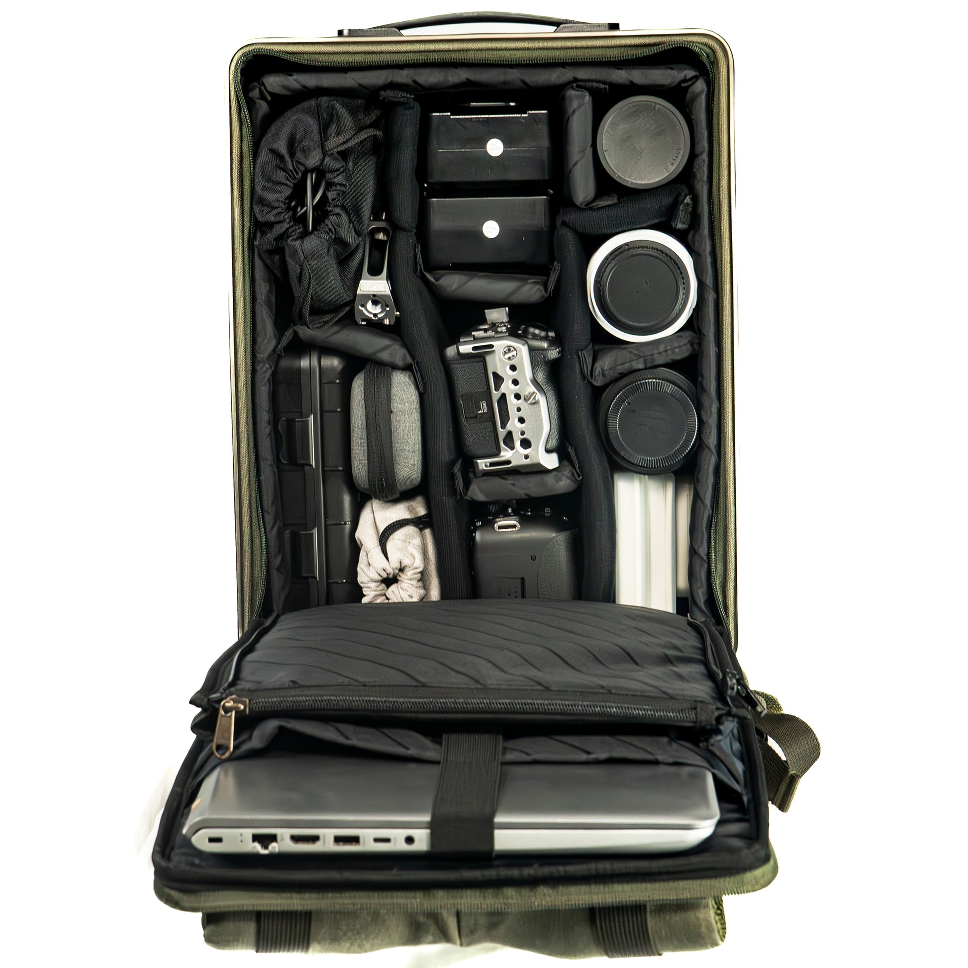 Aleon bronze travel backpack with structured design and secure customizable storage for tech and accessories. 