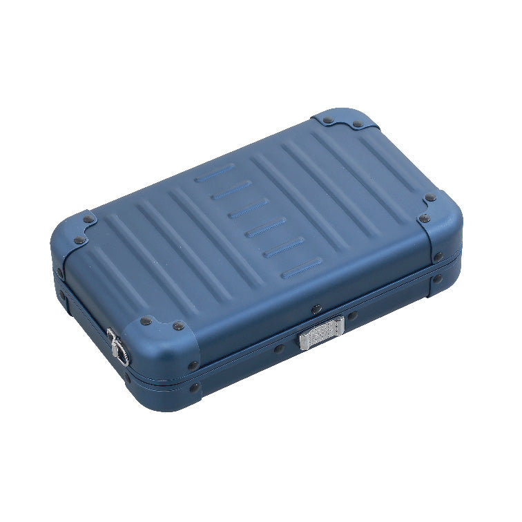 Aluminnum-Hand-Bag-opened-1905-Blue|Aleon sapphire blue crossbody bag featuring interior RFID-blocking pockets for secure storage. The bag is open, showcasing multiple organized compartments designed to protect personal items such as cards and passports. Aleon logo and tagline 'Timeless by design. Built to last.' are displayed in the top right corner.|Aleon sapphire blue crossbody bag designed wit