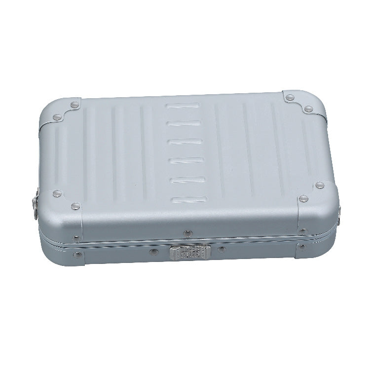 Aluminnum-Hand-Bag-opened-1905-silver|Aleon silver crossbody bag featuring interior RFID-blocking pockets for secure storage. The bag is open, showcasing multiple organized compartments designed to protect personal items such as cards and passports. Aleon logo and tagline 'Timeless by design. Built to last.' are displayed in the top right corner.|Aleon silver crossbody bag designed with aircraft-g