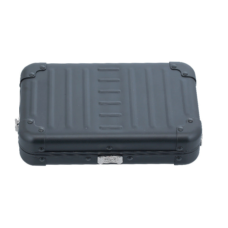 Aluminnum-Hand-Bag-opened-1905-Black|Aleon onyx black crossbody bag featuring interior RFID-blocking pockets for secure storage. The bag is open, showcasing multiple organized compartments designed to protect personal items such as cards and passports. Aleon logo and tagline 'Timeless by design. Built to last.' are displayed in the top right corner.|ALEON black crossbody case displayed with highli