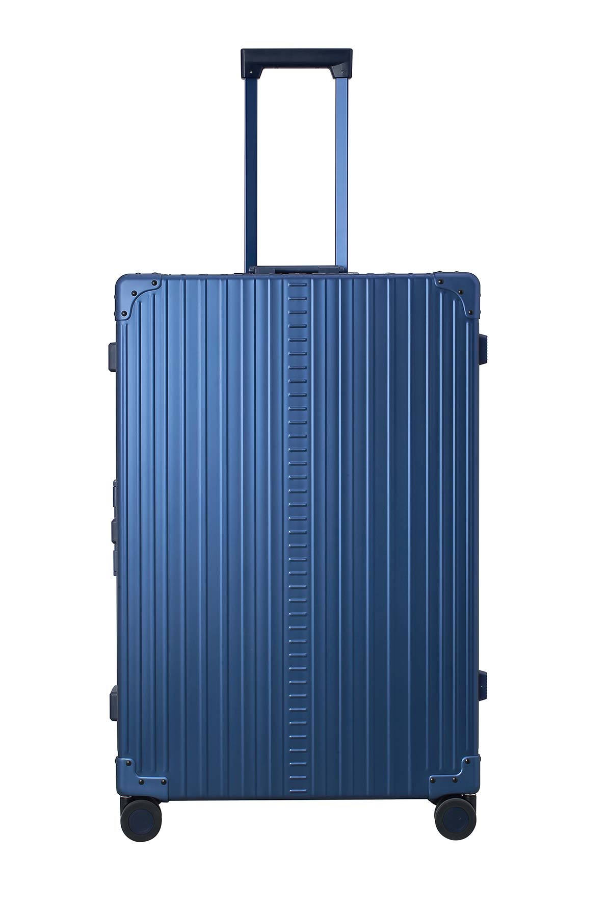 Blue-32-inch-aluminum-luggage|The ALEON 32″ Macro Plus Traveler Large Check-In, crafted from aircraft-grade aluminum, stands upright on a pristine hotel lobby floor. Its hard-shell design, reinforced corners, and TSA-approved locks emphasize security and durability for long-haul journeys.|An open sapphire blue ALEON 32″ Macro Plus reveals its meticulously organized interior, featuring compression 