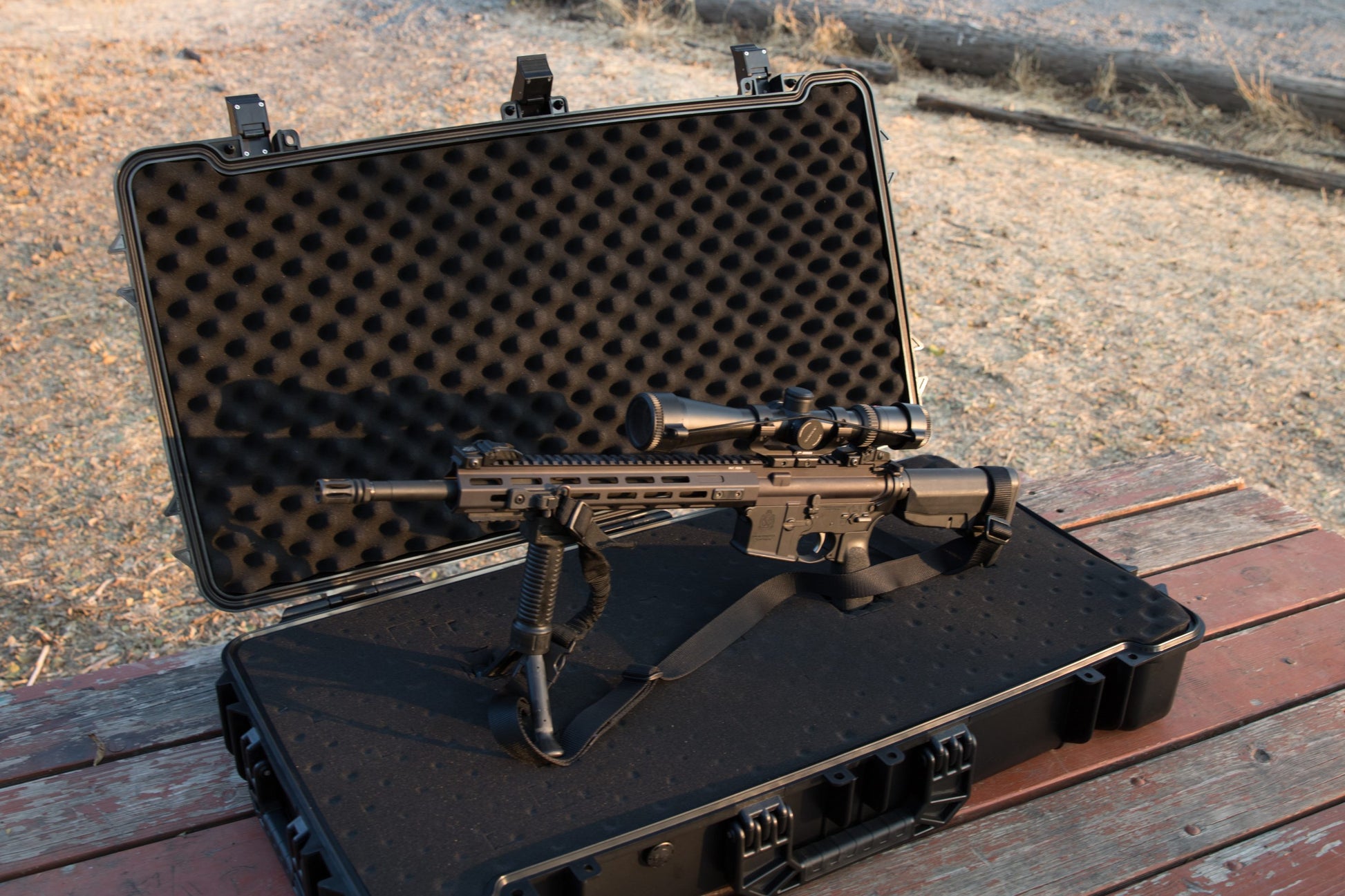 Aleon 39-inch long case open with rifle stored inside customizable foam for secure firearm transport