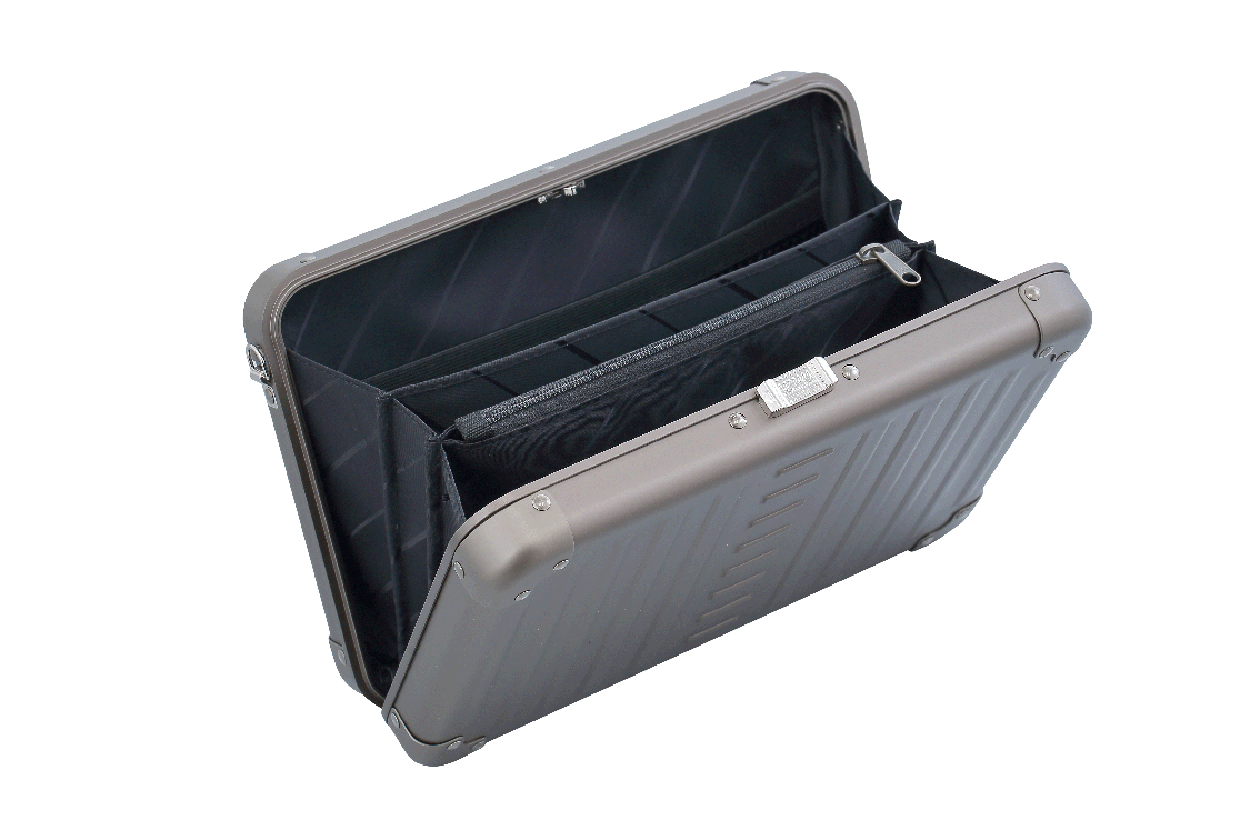 |Aleon large bronze crossbody bag featuring interior RFID-blocking pockets for secure storage. The bag is open, showcasing multiple organized compartments designed to protect personal items such as cards and passports. Aleon logo and tagline 'Timeless by design. Built to last.' are displayed in the top right corner|Aleon large bronze crossbody bag designed with aircraft-grade aluminum for lasting 