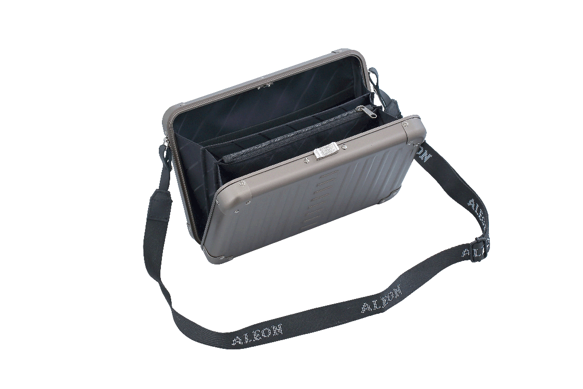 |Aleon large bronze crossbody bag featuring interior RFID-blocking pockets for secure storage. The bag is open, showcasing multiple organized compartments designed to protect personal items such as cards and passports. Aleon logo and tagline 'Timeless by design. Built to last.' are displayed in the top right corner|Aleon large bronze crossbody bag designed with aircraft-grade aluminum for lasting 