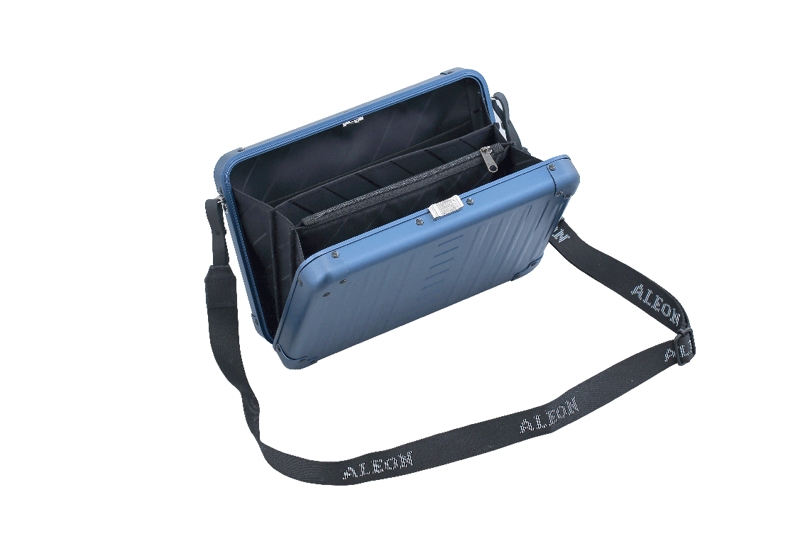 |Aleon large sapphire blue crossbody bag featuring interior RFID-blocking pockets for secure storage. The bag is open, showcasing multiple organized compartments designed to protect personal items such as cards, cellphones and passports. Aleon logo and tagline 'Timeless by design. Built to last.' are displayed in the top right corner.|Aleon large sapphire blue crossbody bag designed with aircraft-