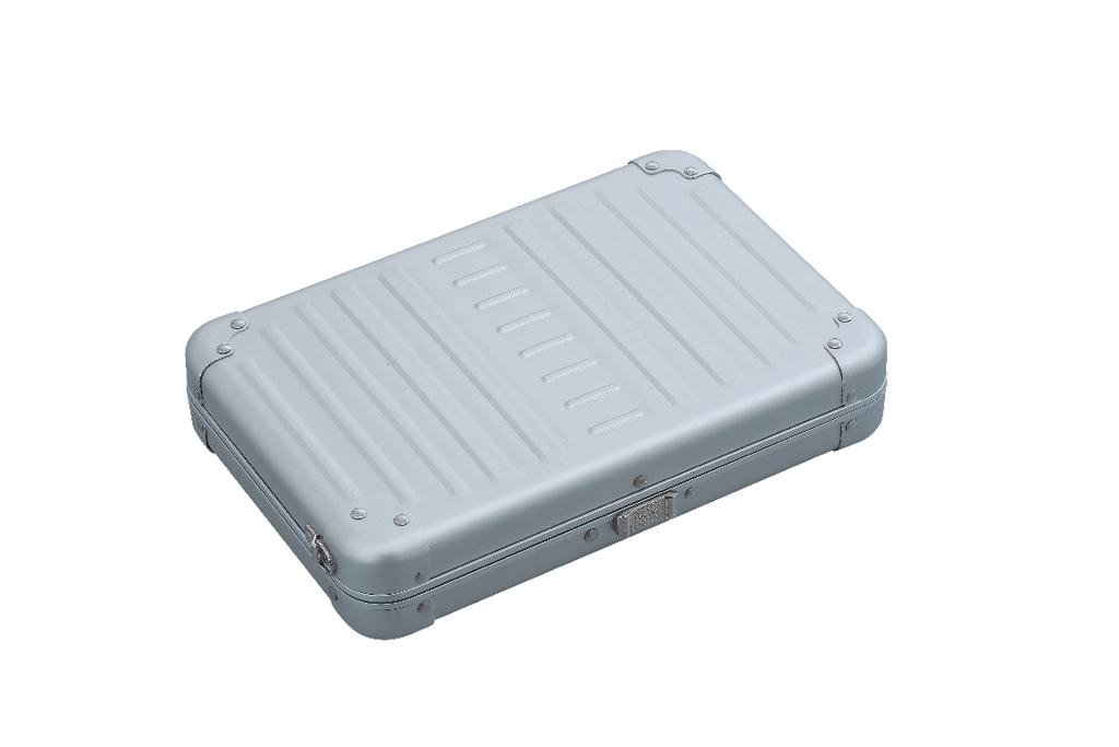 |Aleon large platinum silver crossbody bag featuring interior RFID-blocking pockets for secure storage. The bag is open, showcasing multiple organized compartments designed to protect personal items such as cards and passports. Aleon logo and tagline 'Timeless by design. Built to last.' are displayed in the top right corner.|Aleon large platinum silver crossbody bag designed with aircraft-grade al