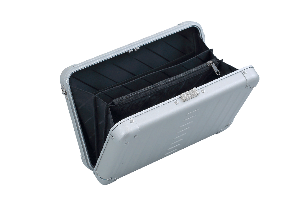 |Aleon large platinum silver crossbody bag featuring interior RFID-blocking pockets for secure storage. The bag is open, showcasing multiple organized compartments designed to protect personal items such as cards and passports. Aleon logo and tagline 'Timeless by design. Built to last.' are displayed in the top right corner.|Aleon large platinum silver crossbody bag designed with aircraft-grade al