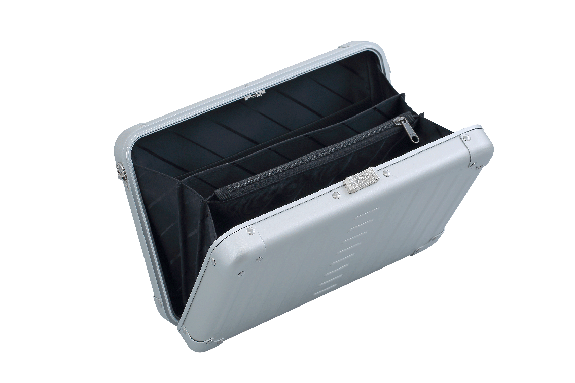 |Aleon large platinum silver crossbody bag featuring interior RFID-blocking pockets for secure storage. The bag is open, showcasing multiple organized compartments designed to protect personal items such as cards and passports. Aleon logo and tagline 'Timeless by design. Built to last.' are displayed in the top right corner.|Aleon large platinum silver crossbody bag designed with aircraft-grade al