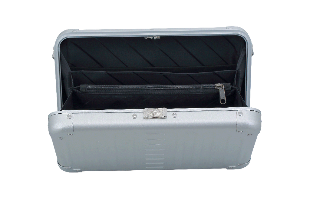 |Aleon large platinum silver crossbody bag featuring interior RFID-blocking pockets for secure storage. The bag is open, showcasing multiple organized compartments designed to protect personal items such as cards and passports. Aleon logo and tagline 'Timeless by design. Built to last.' are displayed in the top right corner.|Aleon large platinum silver crossbody bag designed with aircraft-grade al