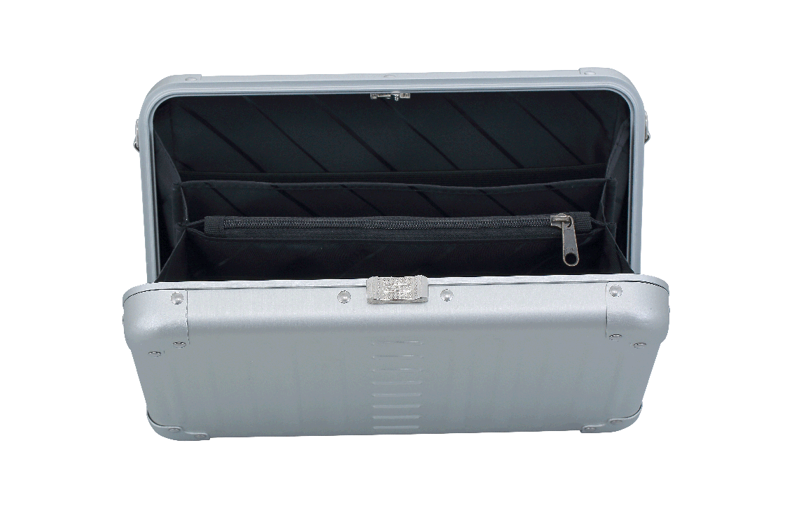 |Aleon large platinum silver crossbody bag featuring interior RFID-blocking pockets for secure storage. The bag is open, showcasing multiple organized compartments designed to protect personal items such as cards and passports. Aleon logo and tagline 'Timeless by design. Built to last.' are displayed in the top right corner.|Aleon large platinum silver crossbody bag designed with aircraft-grade al