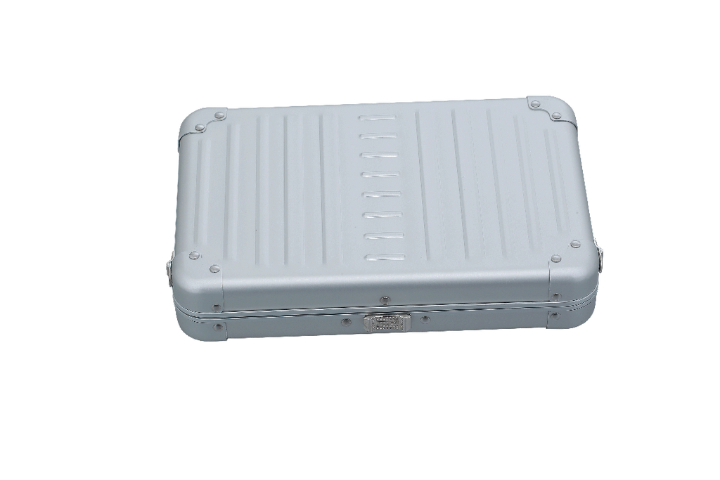 |Aleon large platinum silver crossbody bag featuring interior RFID-blocking pockets for secure storage. The bag is open, showcasing multiple organized compartments designed to protect personal items such as cards and passports. Aleon logo and tagline 'Timeless by design. Built to last.' are displayed in the top right corner.|Aleon large platinum silver crossbody bag designed with aircraft-grade al