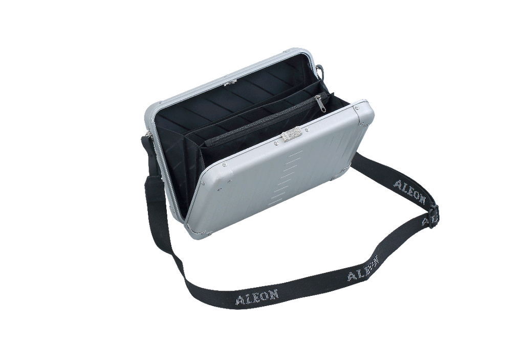 |Aleon large platinum silver crossbody bag featuring interior RFID-blocking pockets for secure storage. The bag is open, showcasing multiple organized compartments designed to protect personal items such as cards and passports. Aleon logo and tagline 'Timeless by design. Built to last.' are displayed in the top right corner.|Aleon large platinum silver crossbody bag designed with aircraft-grade al