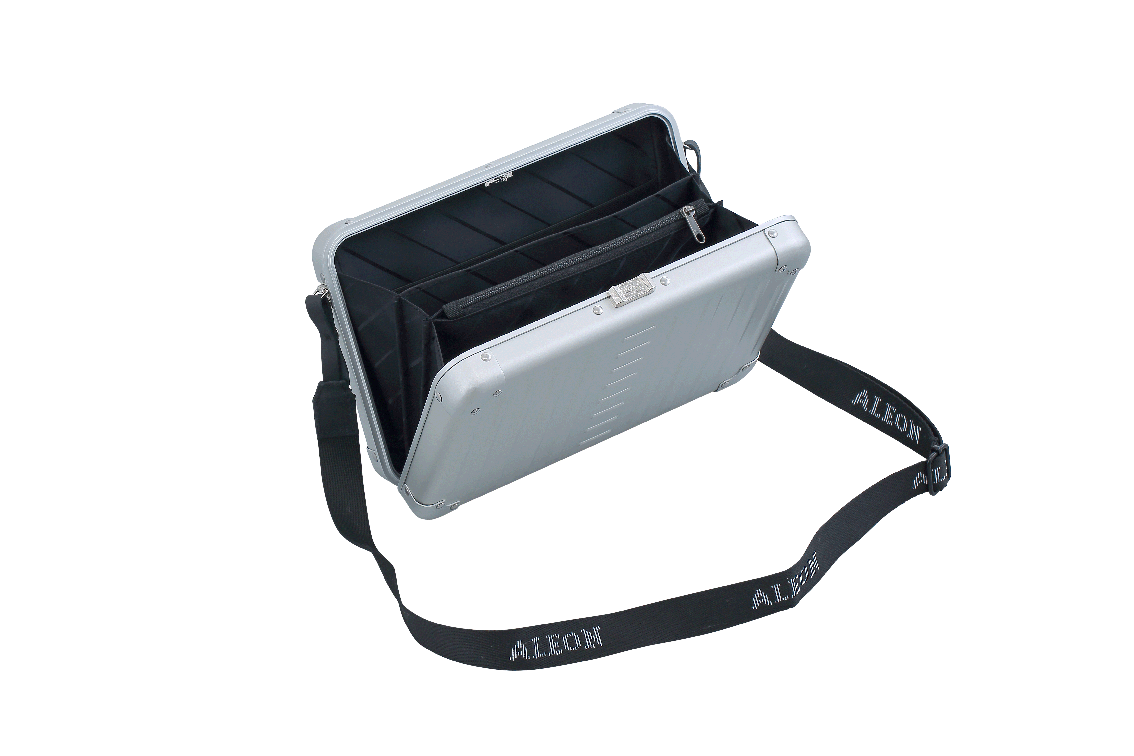 |Aleon large platinum silver crossbody bag featuring interior RFID-blocking pockets for secure storage. The bag is open, showcasing multiple organized compartments designed to protect personal items such as cards and passports. Aleon logo and tagline 'Timeless by design. Built to last.' are displayed in the top right corner.|Aleon large platinum silver crossbody bag designed with aircraft-grade al