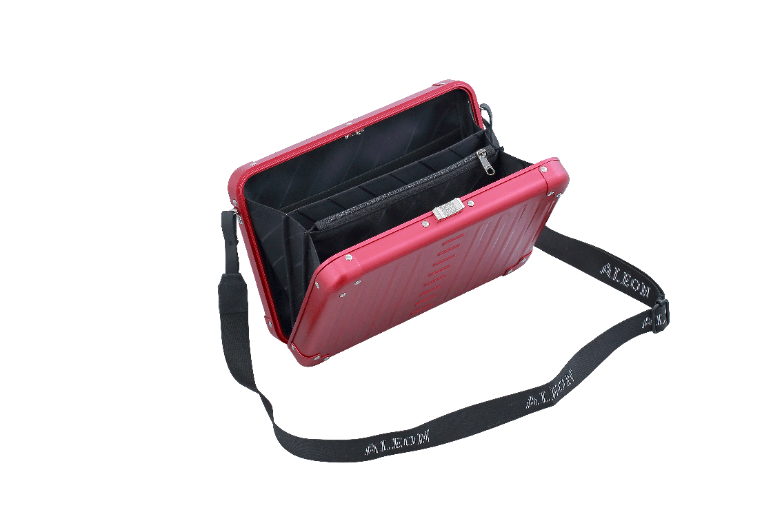 |Aleon large red ruby crossbody bag featuring interior RFID-blocking pockets for secure storage. The bag is open, showcasing multiple organized compartments designed to protect personal items such as cards and passports. Aleon logo and tagline 'Timeless by design. Built to last.' are displayed in the top right corner.|Aleon large red ruby crossbody bag designed with aircraft-grade aluminum for las
